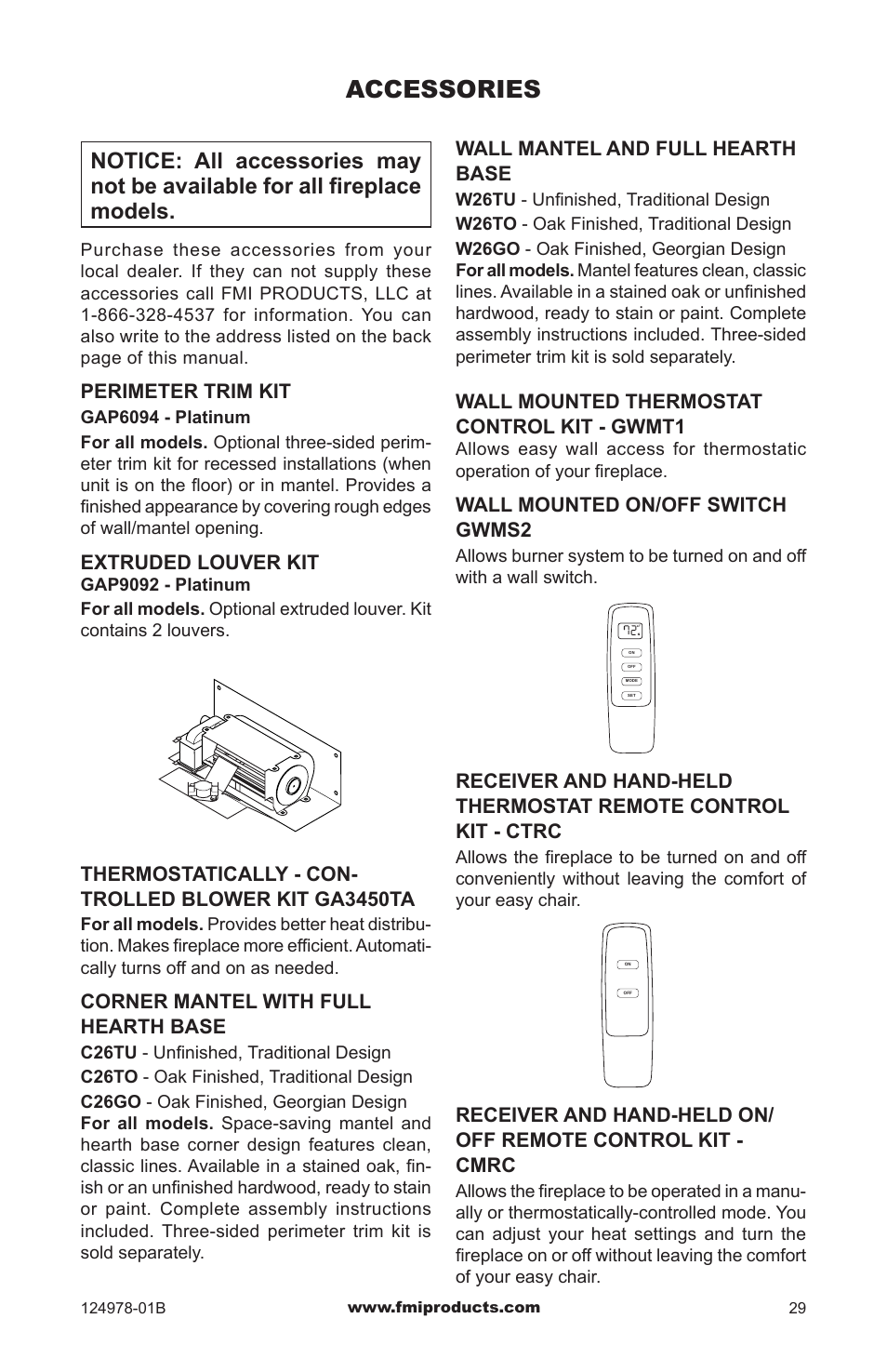Accessories, Wall mantel and full hearth base, Perimeter trim kit | Extruded louver kit, Corner mantel with full hearth base, Wall mounted thermostat control kit - gwmt1, Wall mounted on/off switch gwms2 | FMI COMFORT FLAME CGCFTNA User Manual | Page 29 / 32