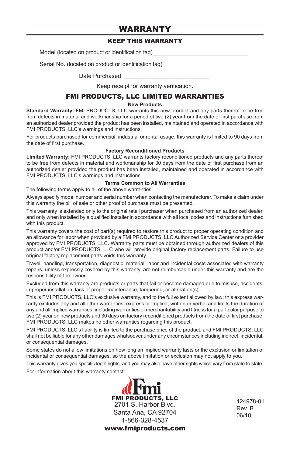 Warranty | FMI COMFORT FLAME CGCFTNA User Manual | Page 32 / 32