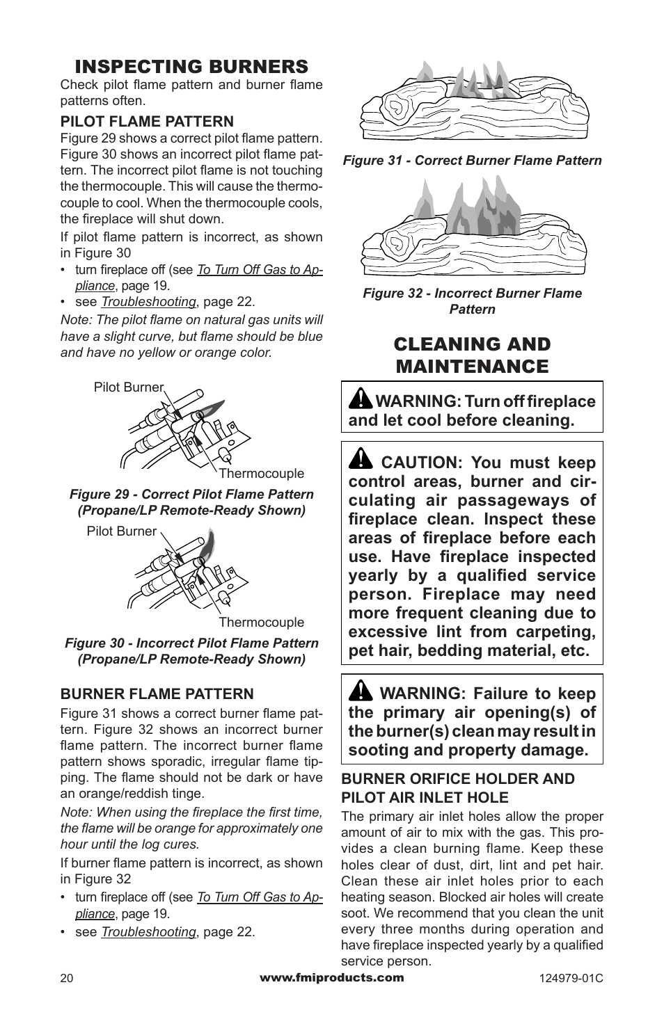 Inspecting burners, Cleaning and maintenance | FMI COMFORT FLAME CDCFPRB User Manual | Page 20 / 32