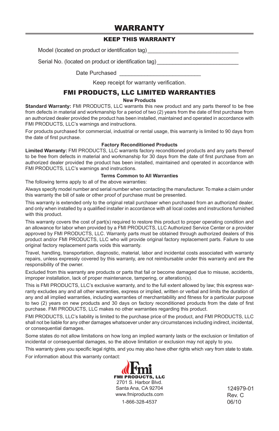 Warranty | FMI COMFORT FLAME CDCFPRB User Manual | Page 32 / 32