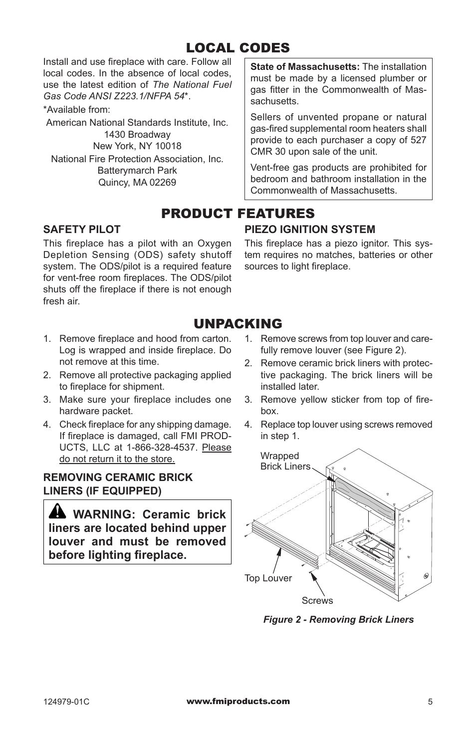 Local codes, Product features, Unpacking | FMI COMFORT FLAME CDCFPRB User Manual | Page 5 / 32