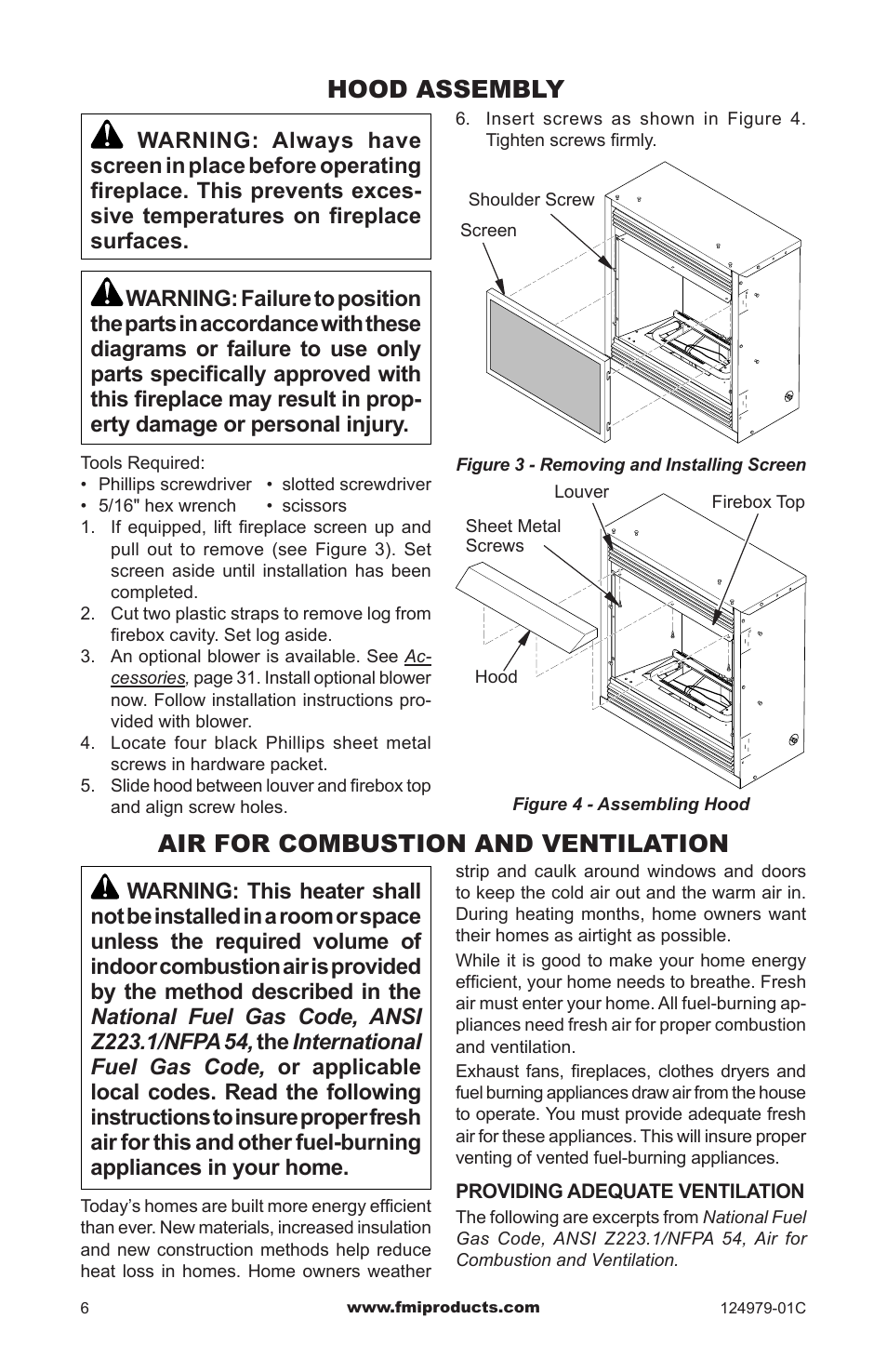 Hood assembly, Air for combustion and ventilation | FMI COMFORT FLAME CDCFPRB User Manual | Page 6 / 32