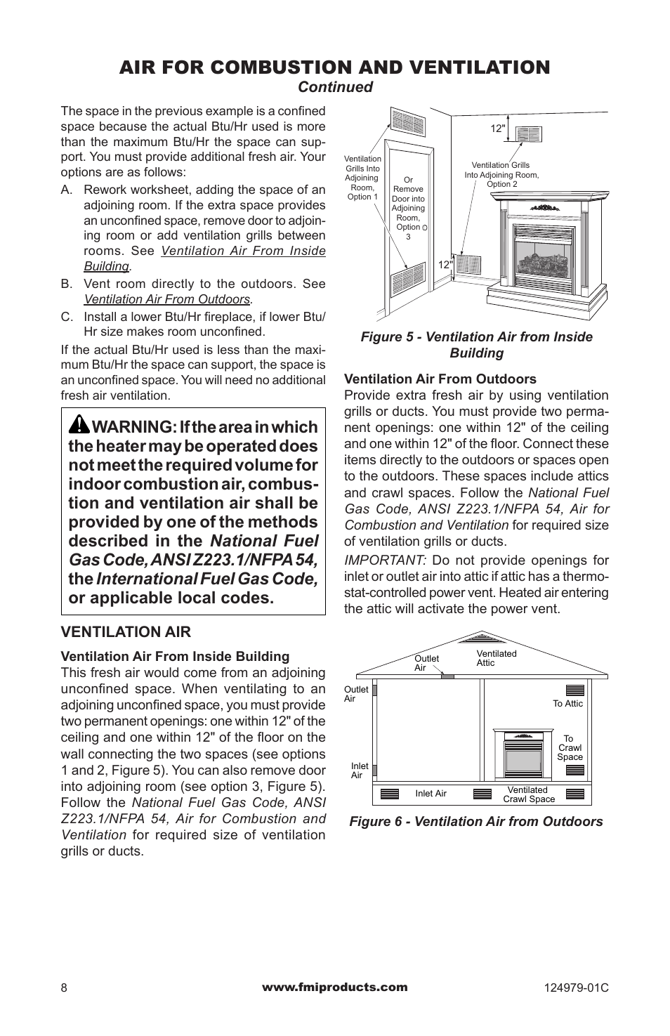 Air for combustion and ventilation, Continued, Ventilation air | FMI COMFORT FLAME CDCFPRB User Manual | Page 8 / 32
