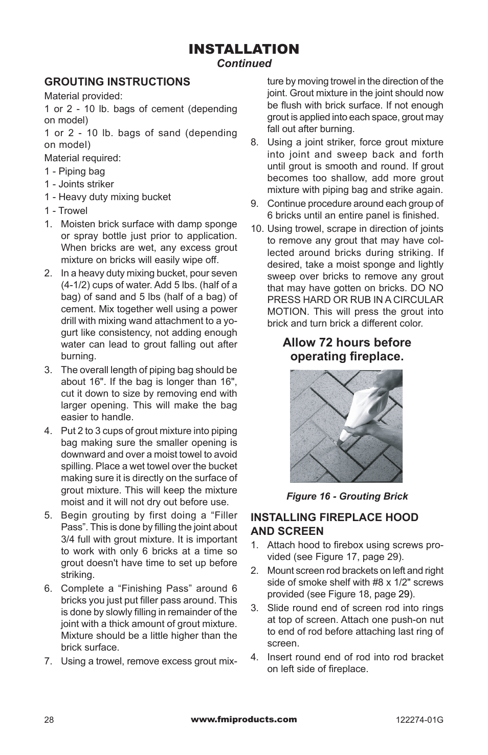 Installation, Allow 72 hours before operating fireplace | FMI VCM-42U User Manual | Page 28 / 36