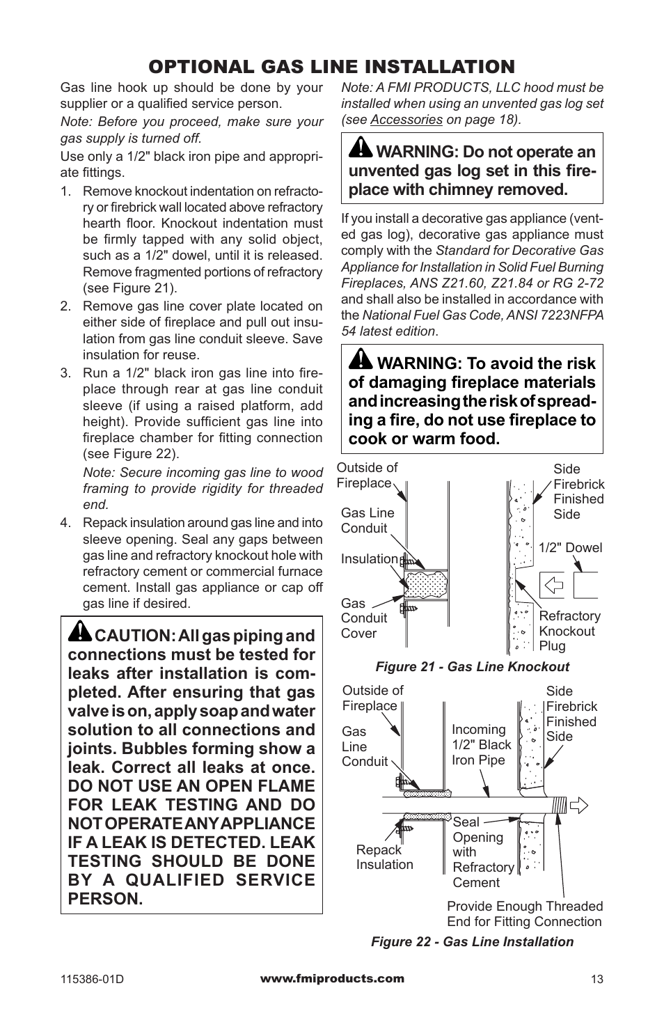 Optional gas line installation | FMI COMFORT FLAME B42LI-M User Manual | Page 13 / 20