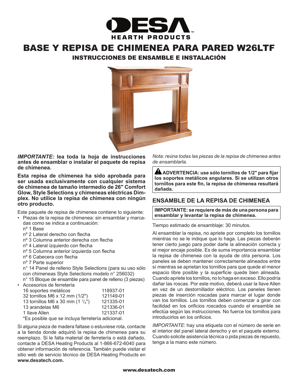 Base y repisa de chimenea para pared w26ltf | FMI W26LTF User Manual | Page 5 / 12