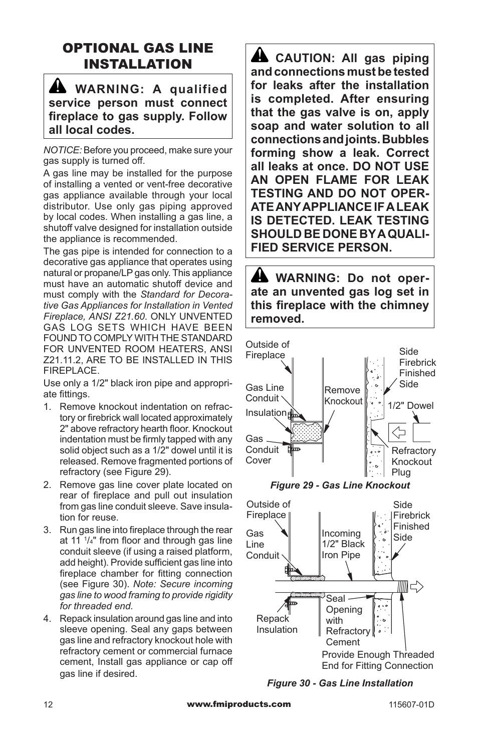 Optional gas line installation | FMI PENINSULA WOODBURNING FIREPLACE (V)PN36-A User Manual | Page 12 / 16