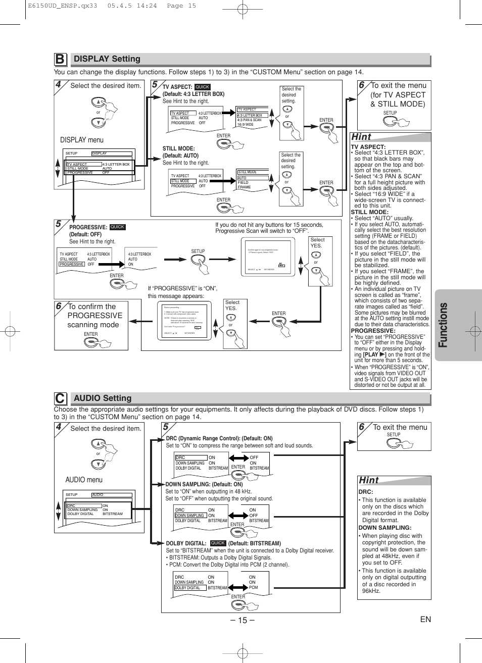 Functions, Hint, Display setting | Audio setting, Display menu, Audio menu | FUNAI MSD125 User Manual | Page 15 / 20