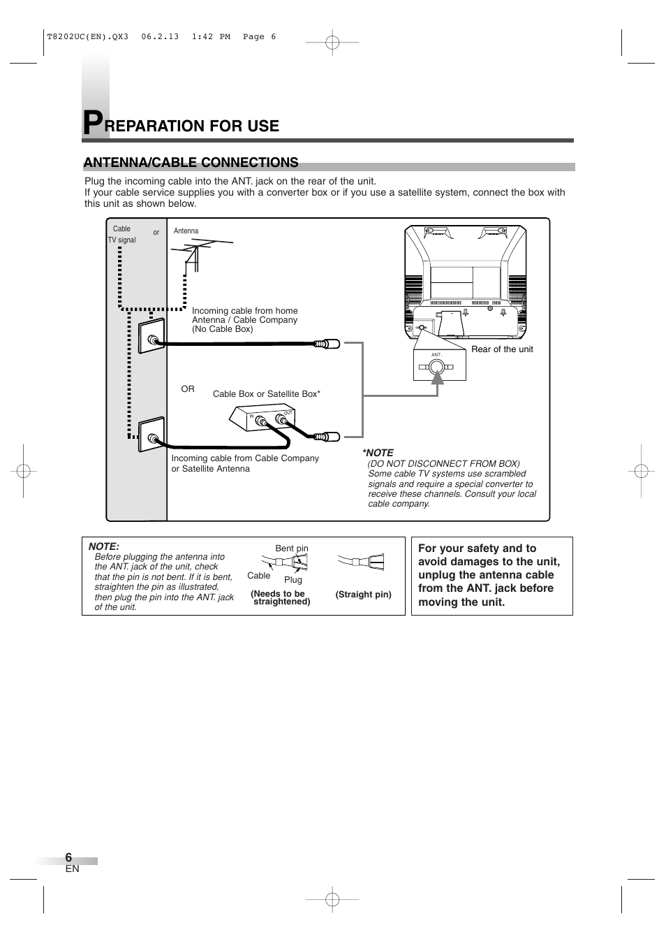 Reparation for use, Antenna/cable connections | FUNAI MWC13D6 User Manual | Page 6 / 36