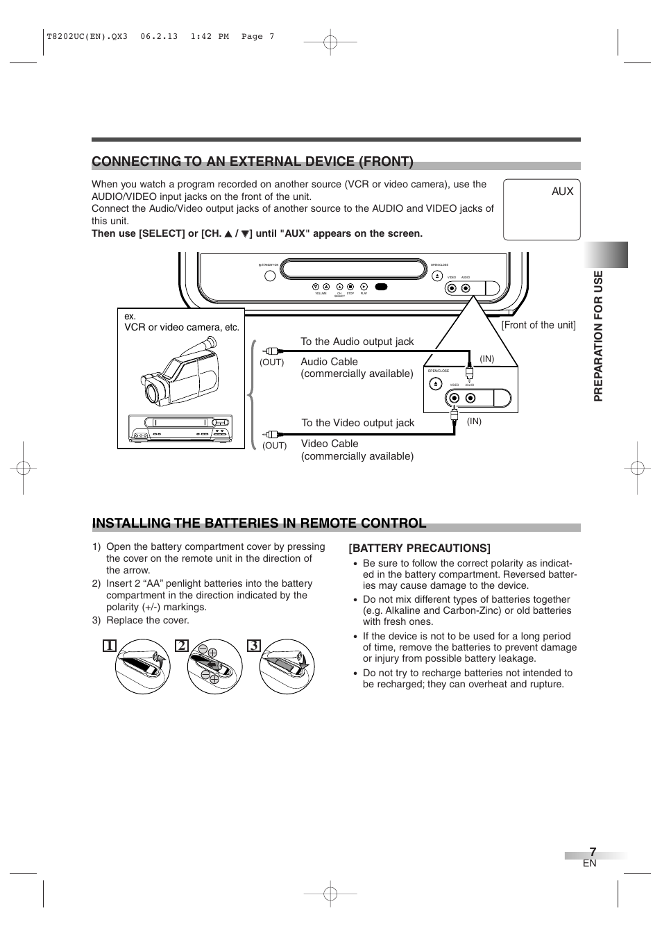 Battery precautions, Prep ara tion for use | FUNAI MWC13D6 User Manual | Page 7 / 36