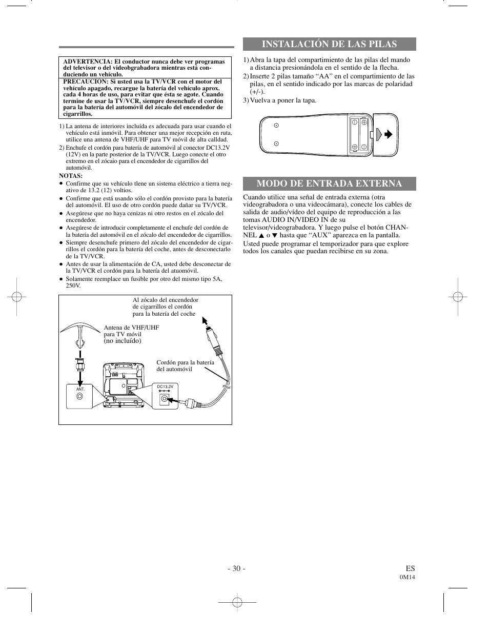 Instalación de las pilas modo de entrada externa | FUNAI F3809U User Manual | Page 30 / 32