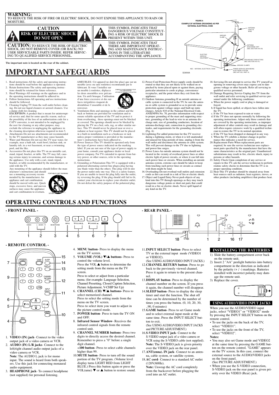 Important safeguards, Operating controls and functions, Warning | Caution, Caution risk of electric shock do not open, Front panel - - rear panel, Remote control, Installing the batteries, Using audio/video input jacks | FUNAI AT427E User Manual | Page 2 / 8