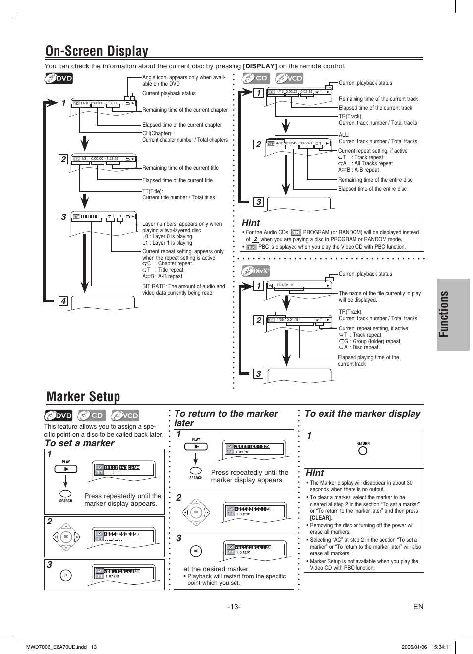 Marker setup, On-screen display, Functions | 23 to return to the marker later, Hint, 1- en | FUNAI MWD7006 User Manual | Page 13 / 24