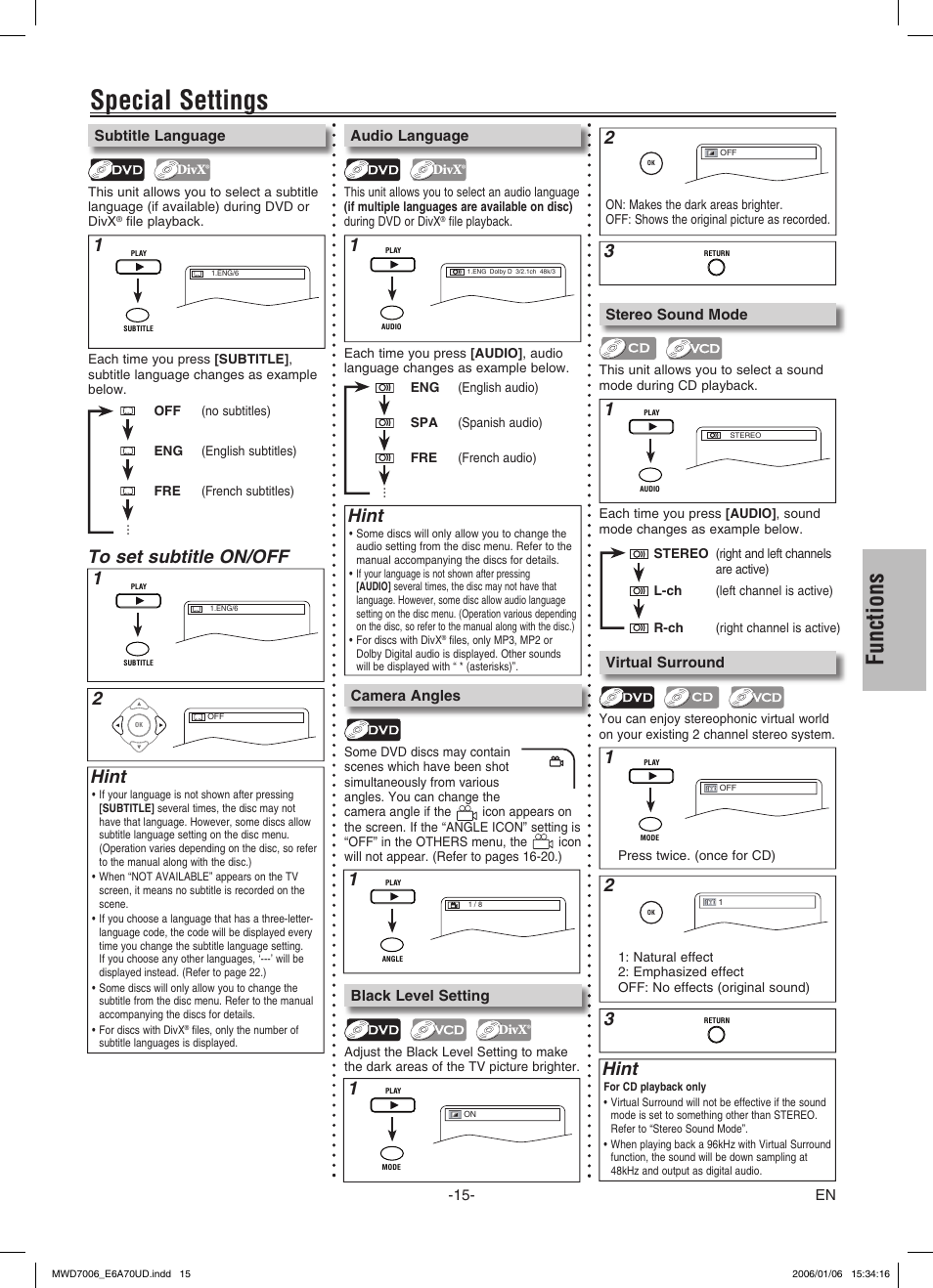 Special settings, Functions, 3to set subtitle on/off | Hint | FUNAI MWD7006 User Manual | Page 15 / 24