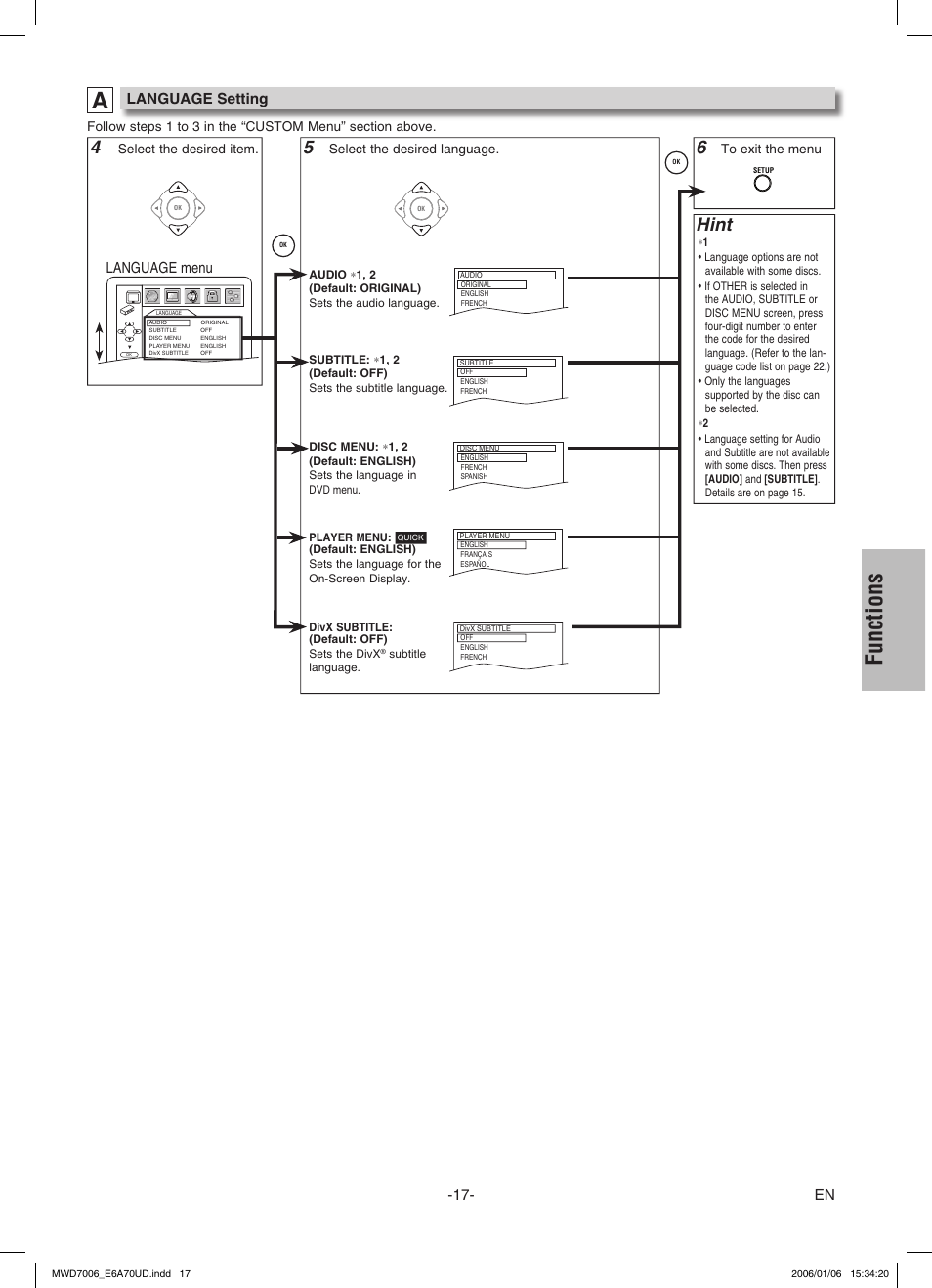 Functions, Hint, Language setting | Language menu | FUNAI MWD7006 User Manual | Page 17 / 24