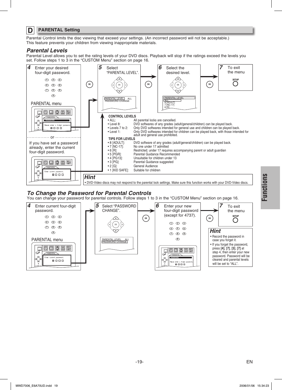 Functions, 64 4 hint, Parental levels | Hint, Parental menu, Parental setting | FUNAI MWD7006 User Manual | Page 19 / 24