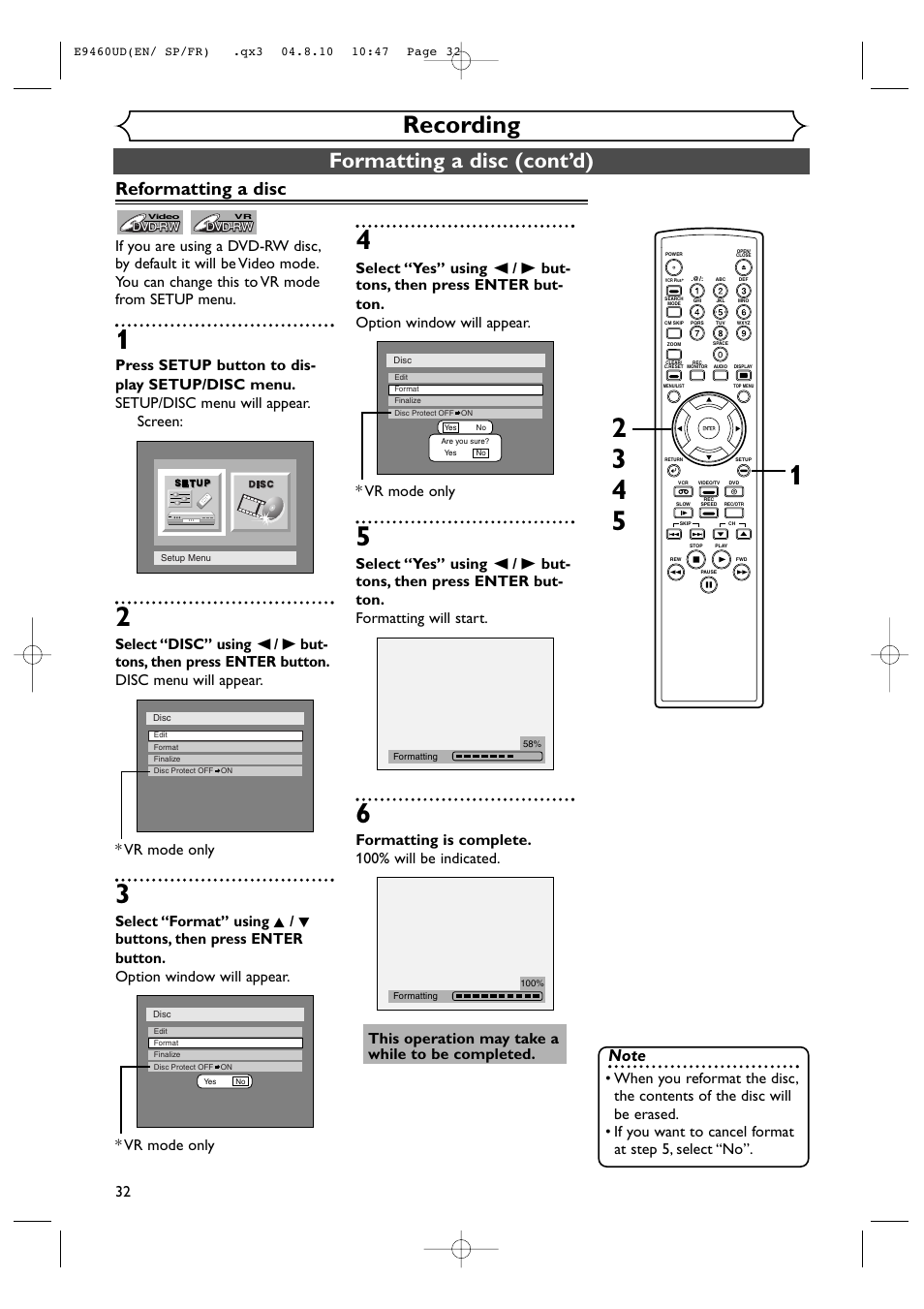 Recording, Formatting a disc (cont’d), Reformatting a disc | FUNAI FDRV90E User Manual | Page 32 / 116