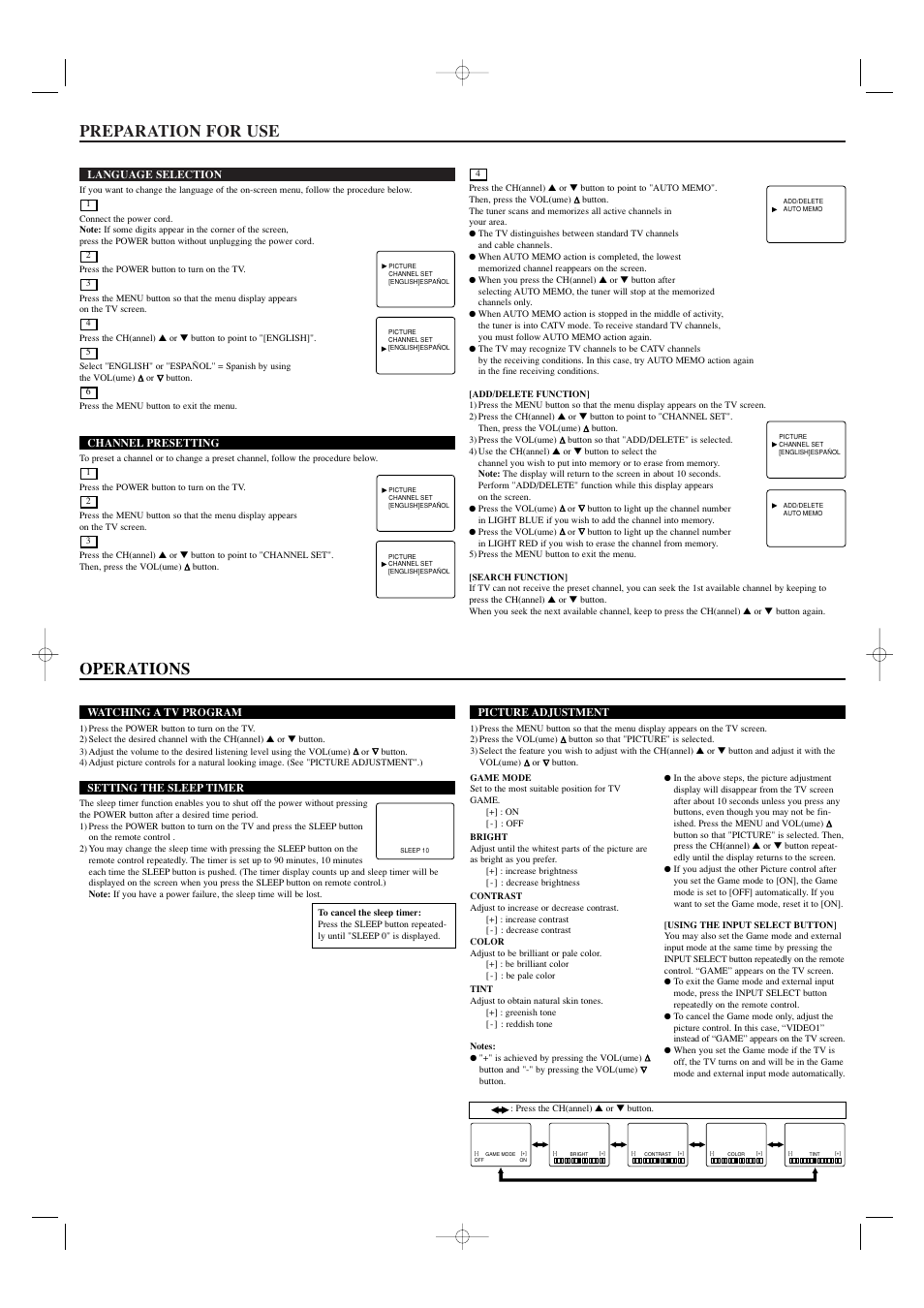 Preparation for use, Operations | FUNAI RFT909B User Manual | Page 3 / 8