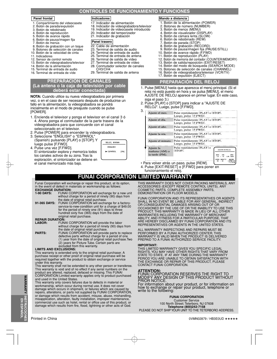 Funai corporation limited warranty, Controles de funcionamiento y funciones | FUNAI F240LC User Manual | Page 8 / 8
