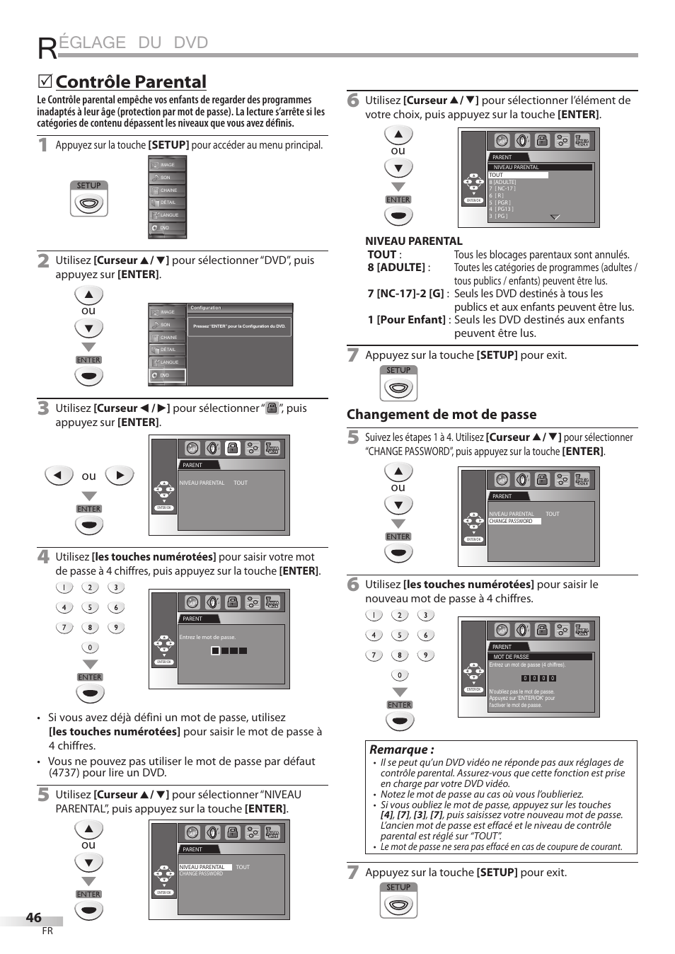 Églage du dvd, Contrôle parental, Changement de mot de passe | Remarque | FUNAI Emerson LD195EMX User Manual | Page 100 / 162