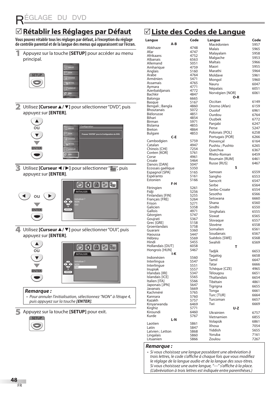 Églage du dvd, Liste des codes de langue 5, Rétablir les réglages par défaut 5 | Remarque | FUNAI Emerson LD195EMX User Manual | Page 102 / 162