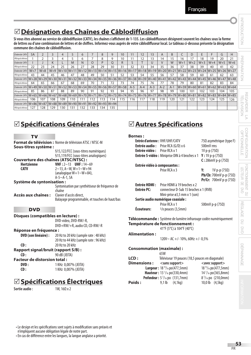 Français, Spécifications générales, Spécifications électriques | 5autres spécifications, Désignation des chaînes de câblodiffusion 5 | FUNAI Emerson LD195EMX User Manual | Page 107 / 162