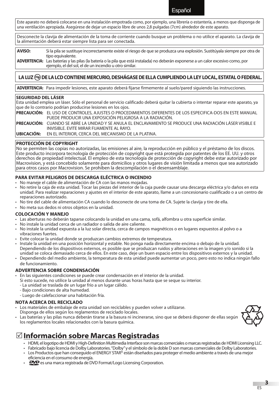 English español français, Información sobre marcas registradas | FUNAI Emerson LD195EMX User Manual | Page 111 / 162