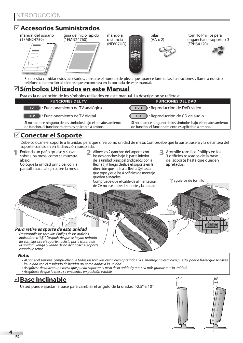 Ntroducción, Accesorios suministrados 5 conectar el soporte, Símbolos utilizados en este manual | Base inclinable | FUNAI Emerson LD195EMX User Manual | Page 112 / 162