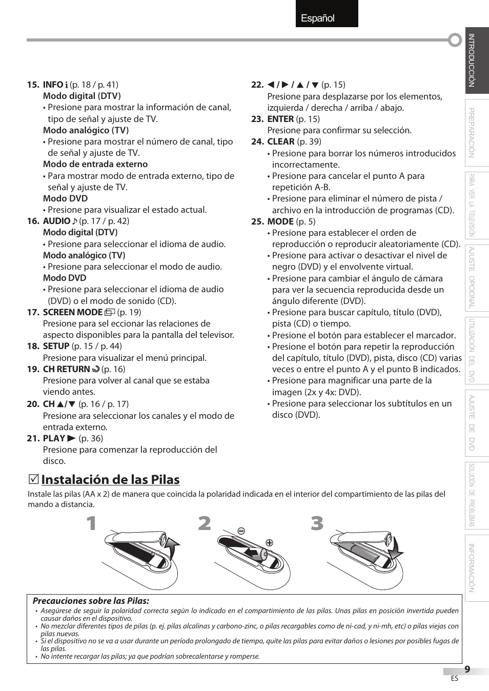 English español français, Instalación de las pilas | FUNAI Emerson LD195EMX User Manual | Page 117 / 162