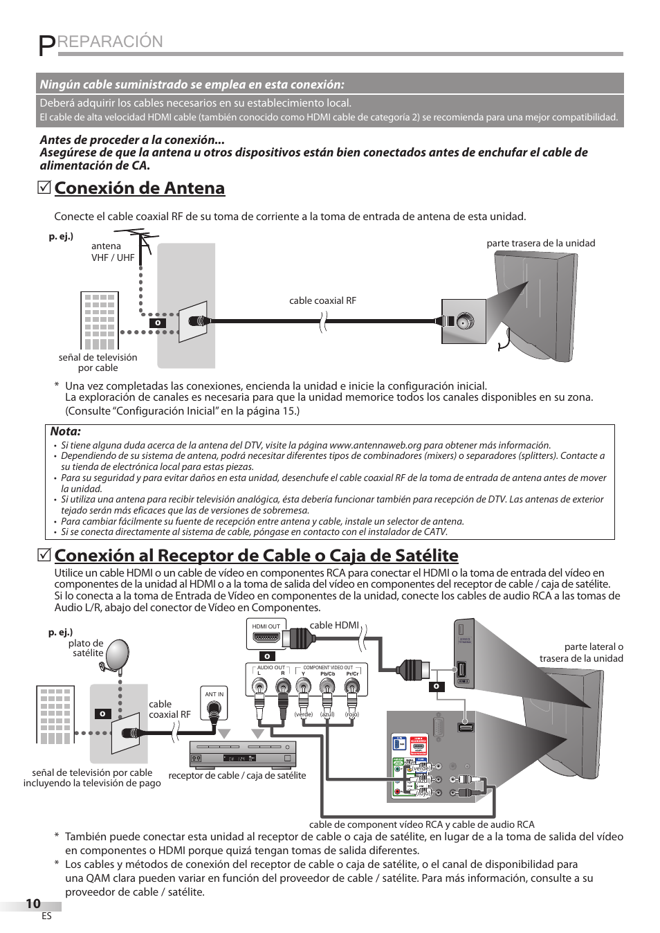 Reparación, Conexión de antena, Conexión al receptor de cable o caja de satélite | Nota | FUNAI Emerson LD195EMX User Manual | Page 118 / 162