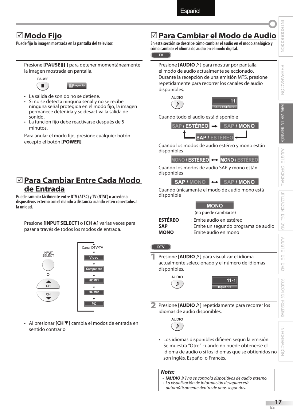 English español français, Modo fijo, Para cambiar entre cada modo de entrada | Para cambiar el modo de audio | FUNAI Emerson LD195EMX User Manual | Page 125 / 162