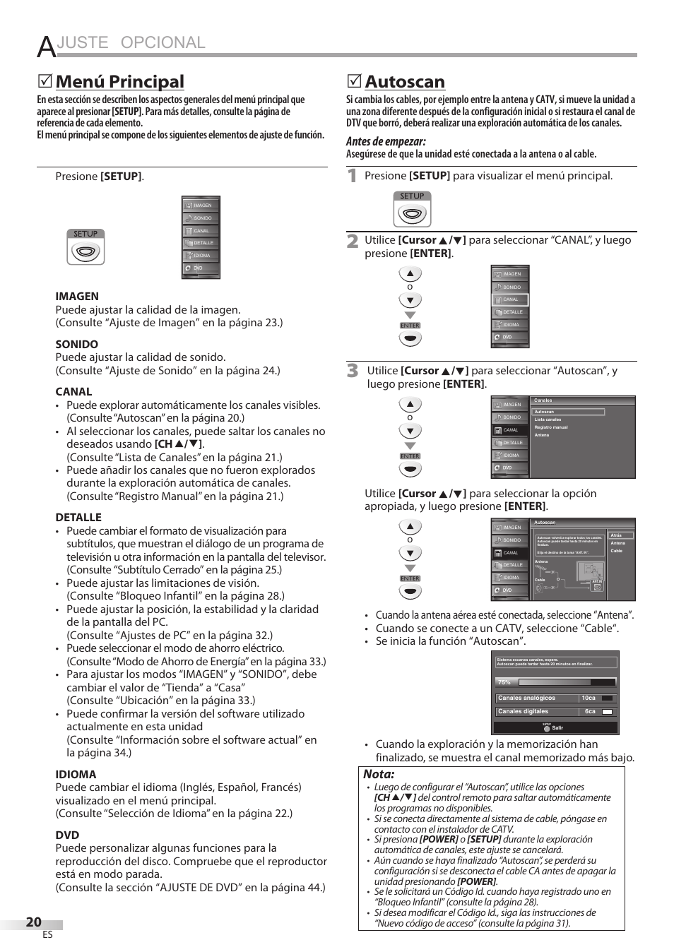 Juste opcional, Menú principal, Autoscan | Antes de empezar, Nota | FUNAI Emerson LD195EMX User Manual | Page 128 / 162