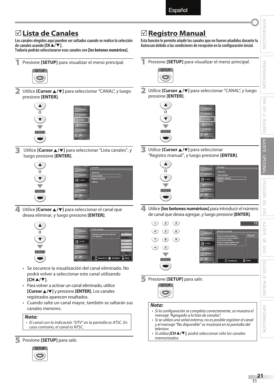 English español français, Lista de canales, Registro manual | Nota | FUNAI Emerson LD195EMX User Manual | Page 129 / 162