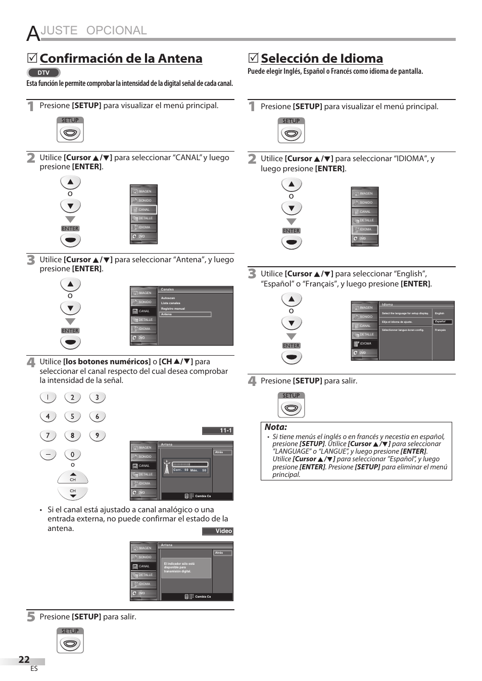 Juste opcional, Confirmación de la antena, Selección de idioma | Nota | FUNAI Emerson LD195EMX User Manual | Page 130 / 162