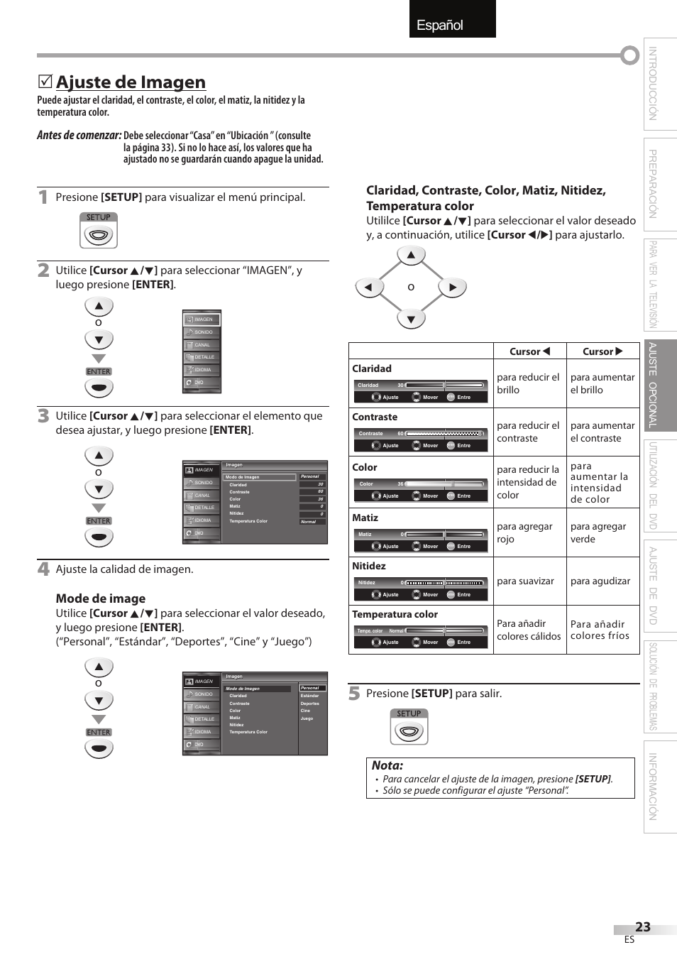 English español français, Ajuste de imagen, Antes de comenzar | Mode de image, Nota, Presione [setup] para visualizar el menú principal, Ajuste la calidad de imagen, Presione [setup] para salir | FUNAI Emerson LD195EMX User Manual | Page 131 / 162