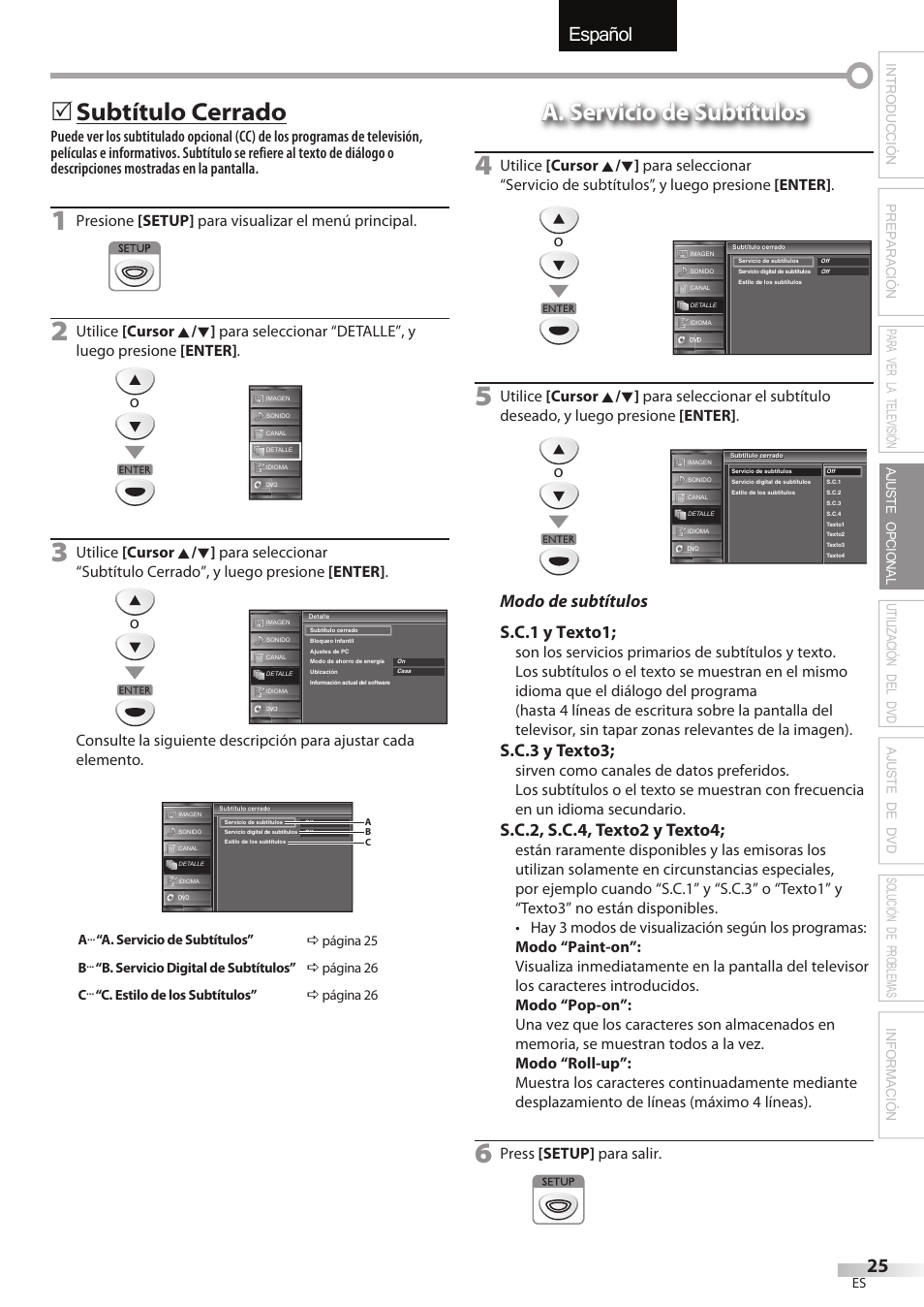 English español français, Subtítulo cerrado, Modo de subtítulos s.c.1 y texto1 | S.c.3 y texto3, S.c.2, s.c.4, texto2 y texto4 | FUNAI Emerson LD195EMX User Manual | Page 133 / 162