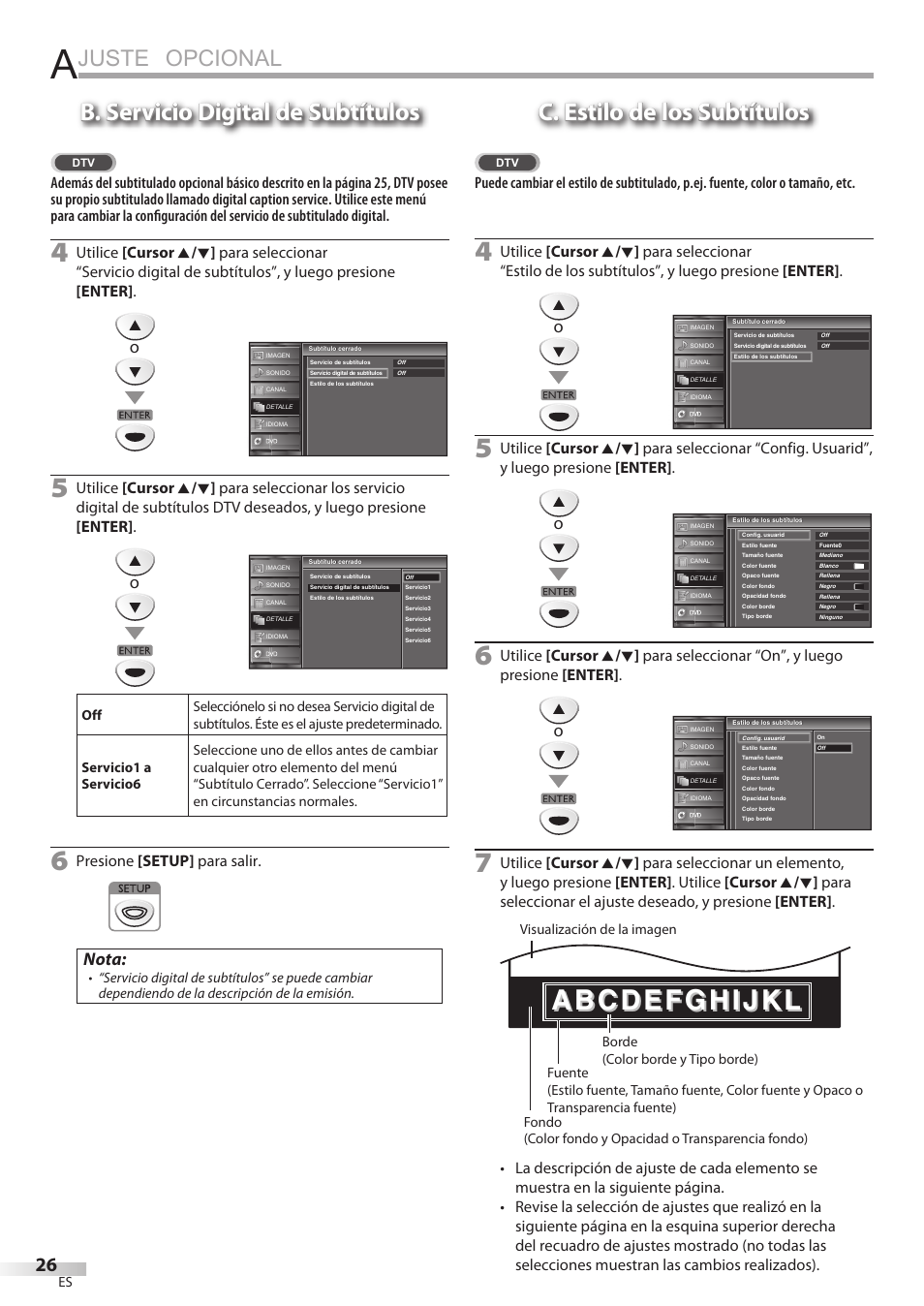 Juste opcional, B. servicio digital de subtítulos, C. estilo de los subtítulos | Nota, Presione [setup] para salir | FUNAI Emerson LD195EMX User Manual | Page 134 / 162
