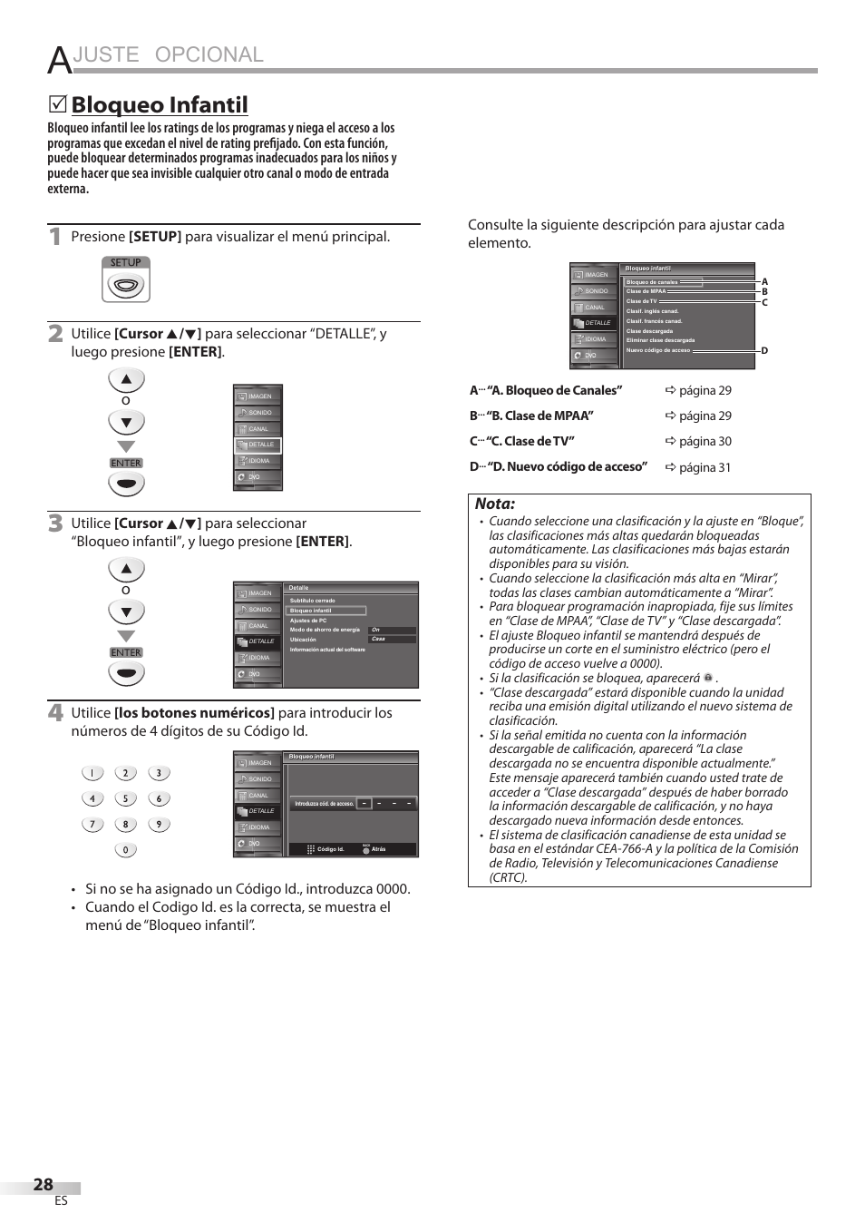 Juste opcional, Bloqueo infantil, Nota | Presione [setup] para visualizar el menú principal | FUNAI Emerson LD195EMX User Manual | Page 136 / 162