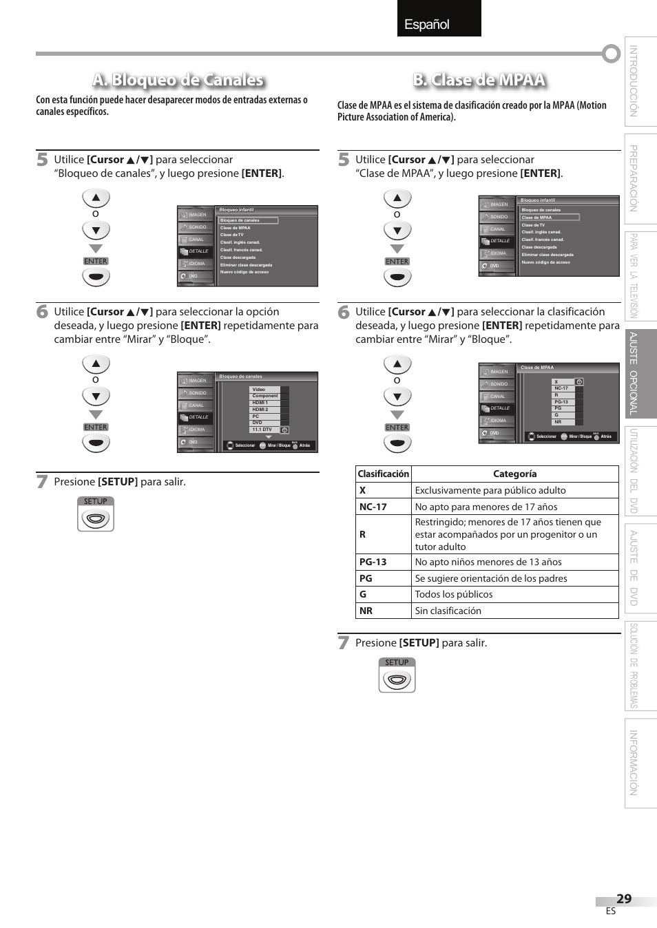 English español français, A. bloqueo de canales, B. clase de mpaa | Presione [setup] para salir | FUNAI Emerson LD195EMX User Manual | Page 137 / 162