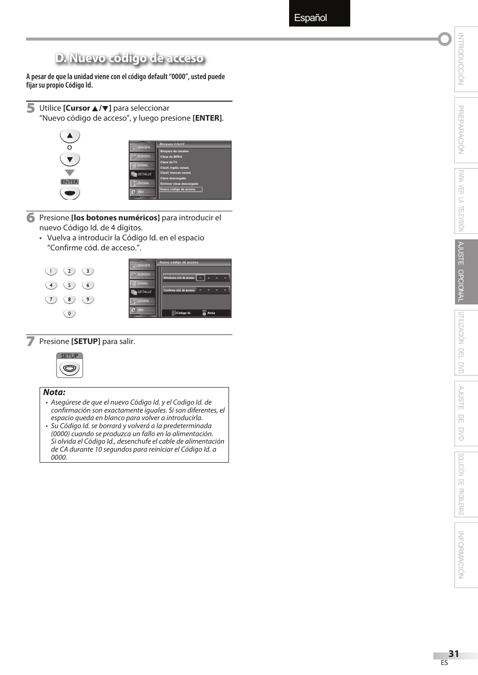 English español français, D. nuevo código de acceso, Nota | FUNAI Emerson LD195EMX User Manual | Page 139 / 162