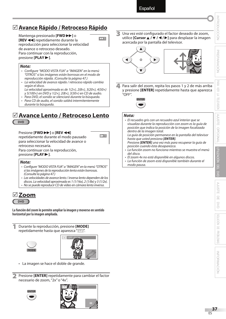 English español français, Avance rápido / retroceso rápido, Avance lento / retroceso lento | Zoom | FUNAI Emerson LD195EMX User Manual | Page 145 / 162