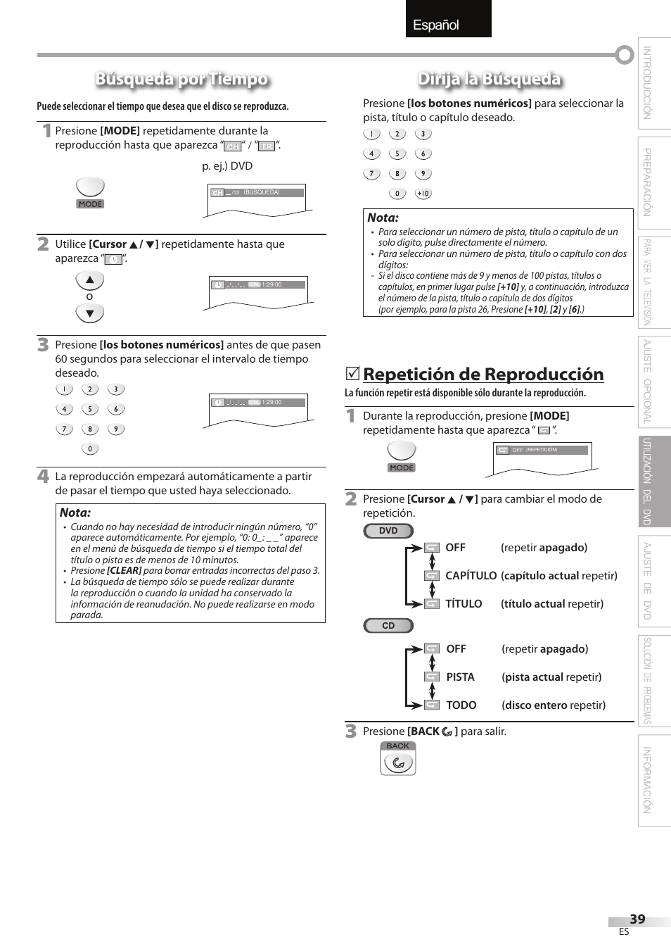 English español français, Búsqueda por tiempo, Dirija la búsqueda | Repetición de reproducción | FUNAI Emerson LD195EMX User Manual | Page 147 / 162