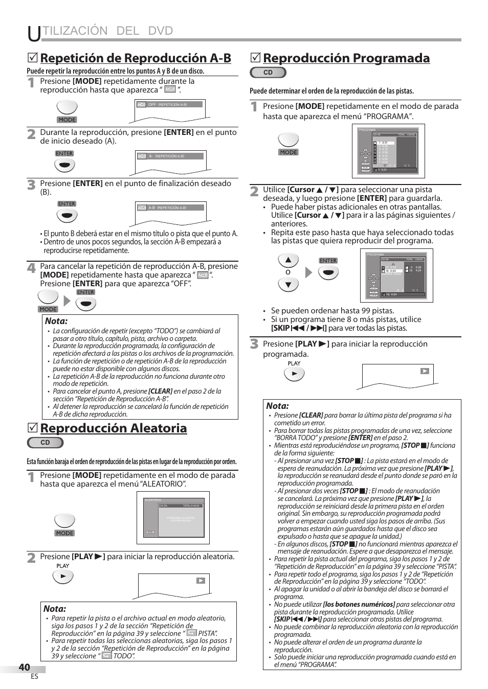 Tilización del dvd, Repetición de reproducción a-b, Reproducción aleatoria | 5reproducción programada, Nota | FUNAI Emerson LD195EMX User Manual | Page 148 / 162