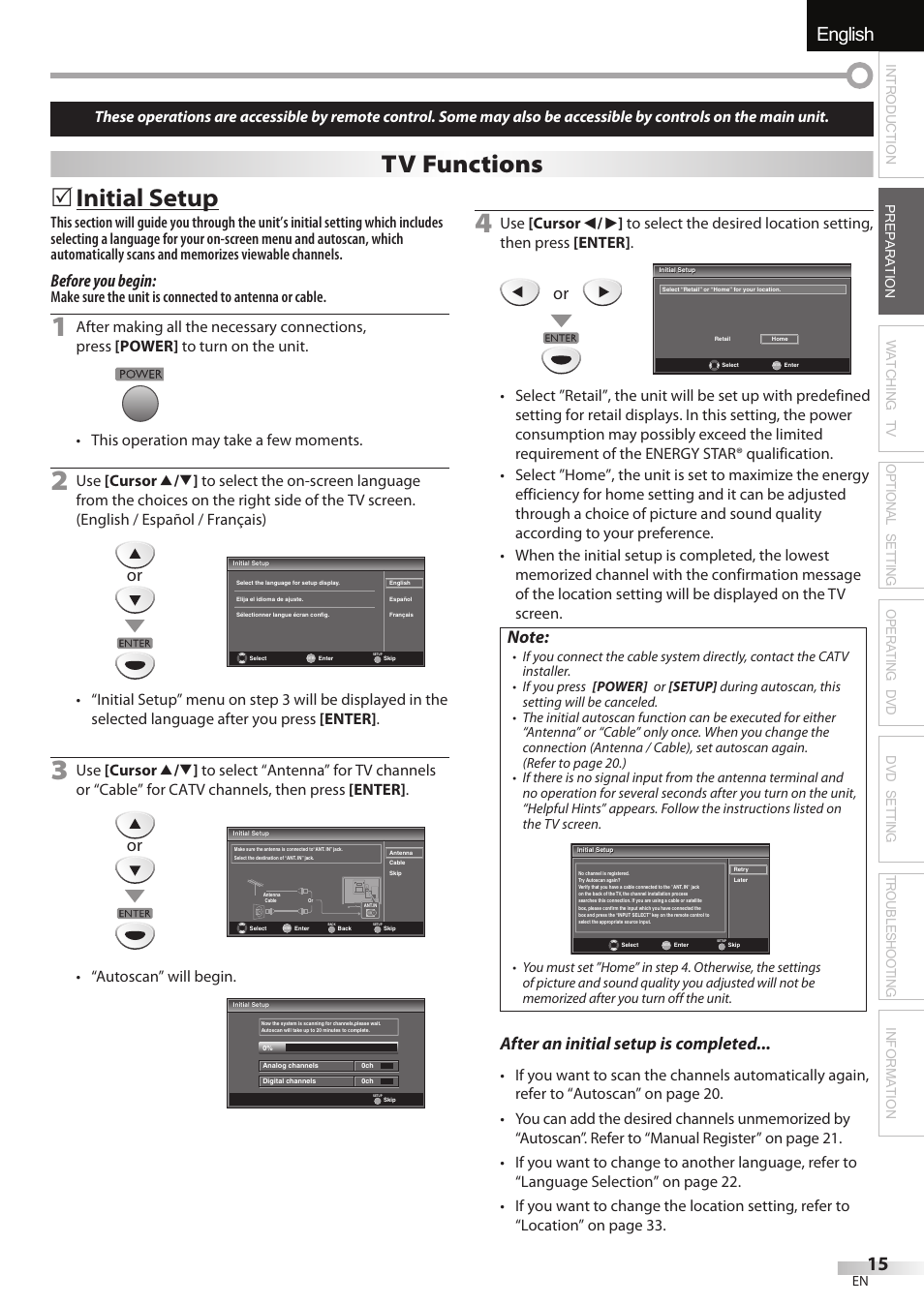 English español français, Initial setup, Tv functions | Before you begin, After an initial setup is completed, Autoscan” will begin | FUNAI Emerson LD195EMX User Manual | Page 15 / 162