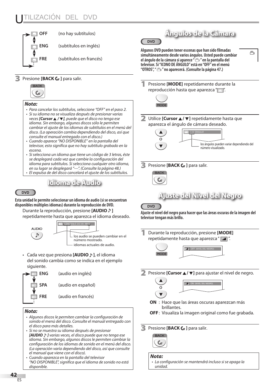 Tilización del dvd, Idioma de audio, Ángulos de la cámara | Ajuste del nivel del negro | FUNAI Emerson LD195EMX User Manual | Page 150 / 162