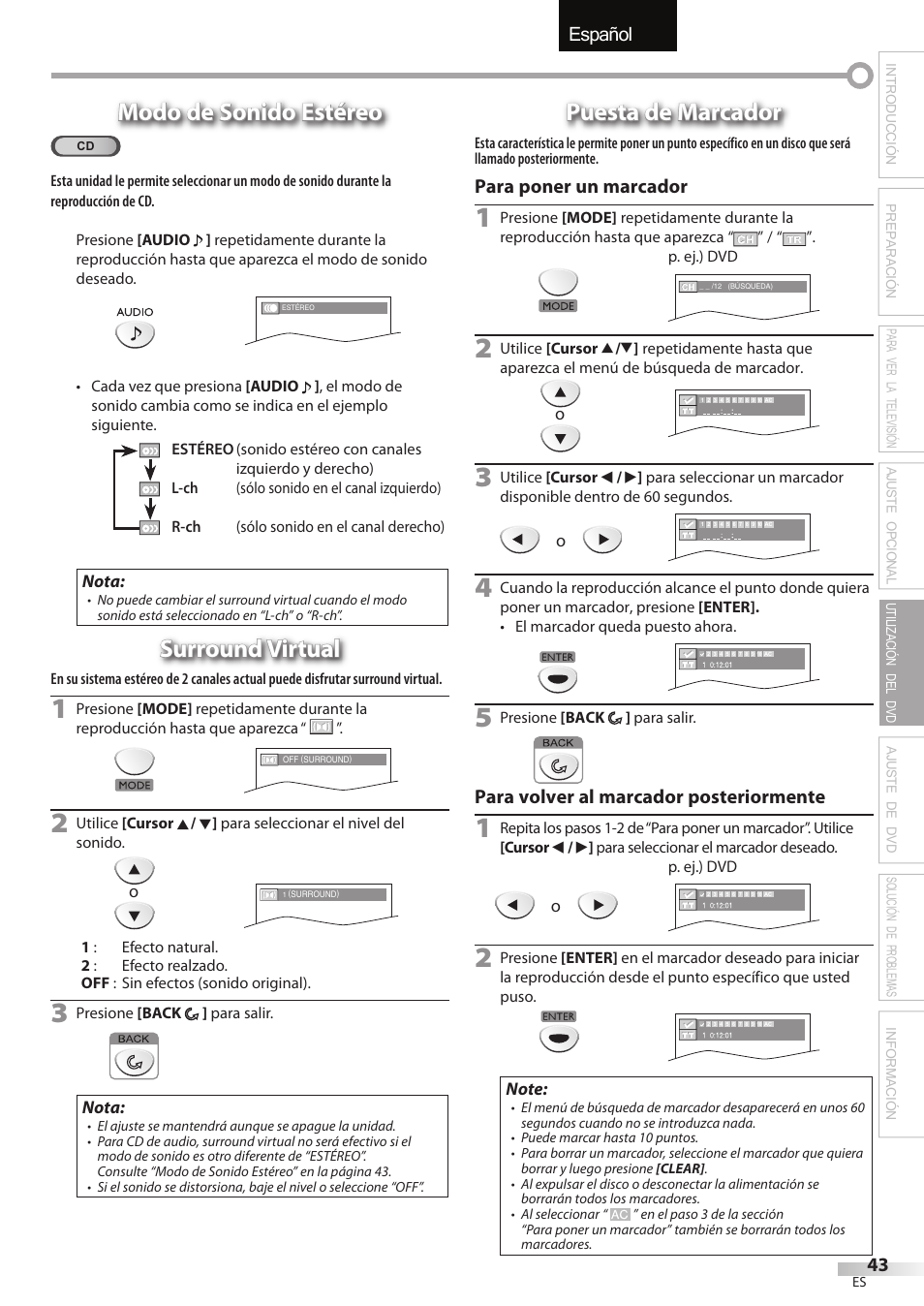 English español français, Modo de sonido estéreo, Surround virtual | Puesta de marcador | FUNAI Emerson LD195EMX User Manual | Page 151 / 162