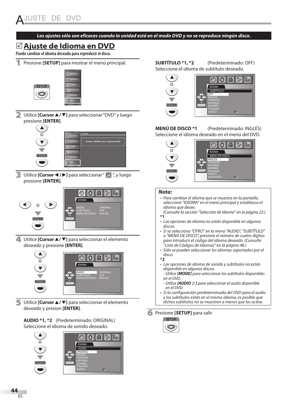 Juste de dvd, Ajuste de idioma en dvd, Nota | FUNAI Emerson LD195EMX User Manual | Page 152 / 162