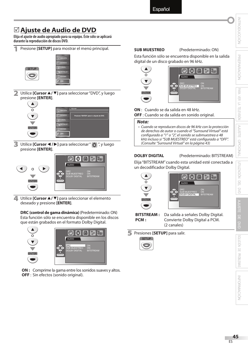 English español français, Ajuste de audio de dvd, Nota | FUNAI Emerson LD195EMX User Manual | Page 153 / 162