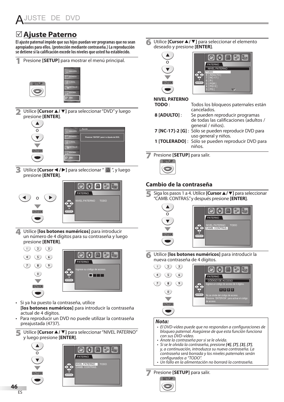 Juste de dvd, Ajuste paterno, Cambio de la contraseña | Nota | FUNAI Emerson LD195EMX User Manual | Page 154 / 162
