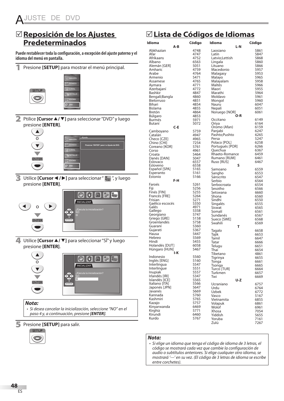 Juste de dvd, Lista de códigos de idiomas 5, Reposición de los ajustes predeterminados 5 | Nota | FUNAI Emerson LD195EMX User Manual | Page 156 / 162